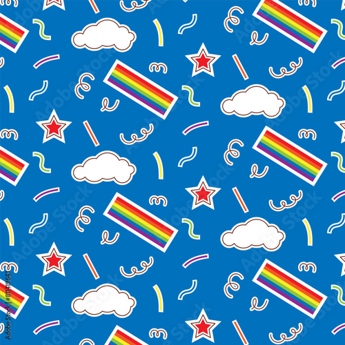 Colorful seamless pattern with LGBT symbols. Lesbians, gays, bisexuals, transsexuals. LGBT flag. Cartoon texture on a blue background for decoration and print, holiday packaging, fabrics, wallpaper.