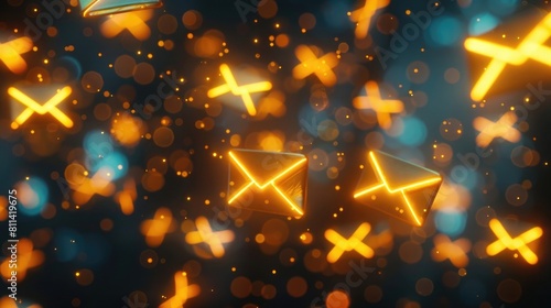 3d render of glowing eNick mail icons floating in the air on dark background with bokeh lights, technology and internet concept