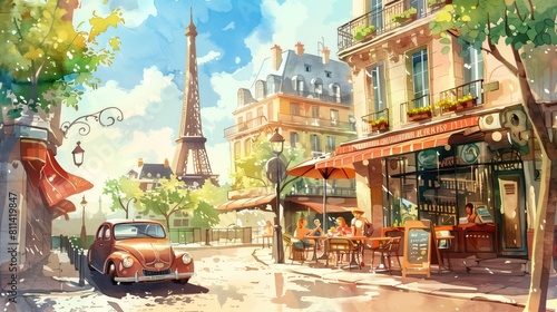 Parisian Charm: Vintage Car and Café with Eiffel Tower View