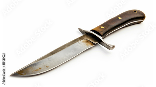 A knife with a wooden handle is laying on a white background