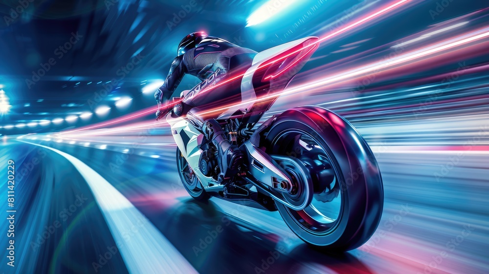 Back view of professional smart motorbike driver wearing helmet while driving in high speed surrounded with neon light at futuristic cityscape and skyscraper at night time. Blurring background. AIG42.