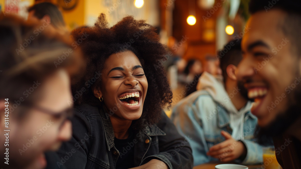 A candid shot of friends sharing a joke at a cafe, with genuine laughter and smiles lighting up their faces. Dynamic and dramatic composition, with copy space A candid shot of friends sharing a joke at a cafe, with genuine laughter and smiles lighting up their faces. Dynamic and dramatic composition, with copy space
