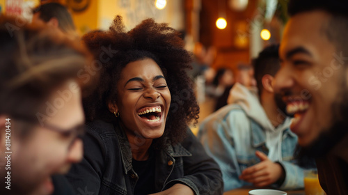 A candid shot of friends sharing a joke at a cafe, with genuine laughter and smiles lighting up their faces. Dynamic and dramatic composition, with copy space
