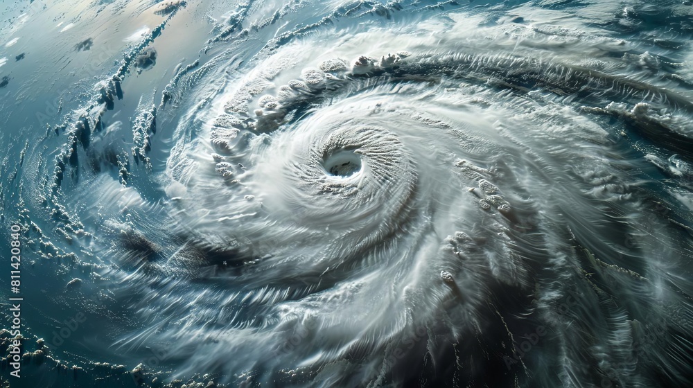A closeup satellite view of the center of a super typhoon, showing detailed cloud formations and storm dynamics