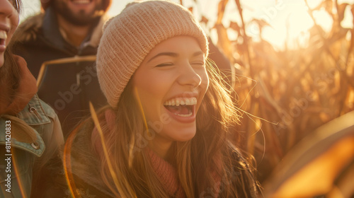 An enchanting image of friends laughing together as they navigate a corn maze on a sunny autumn day, with golden sunlight filtering through the cornstalks. Dynamic and dramatic com