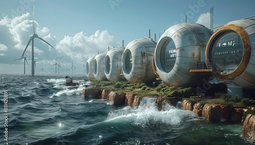 A coastal area with tidal energy generators harnessing the power of ocean waves to produce clean energy