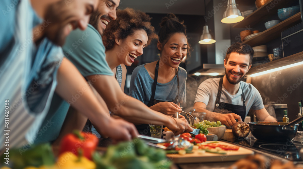 Fototapeta premium A heartwarming shot of friends sharing a laugh while cooking together in the kitchen, with the aroma of delicious food filling the air. Dynamic and dramatic composition, with copy