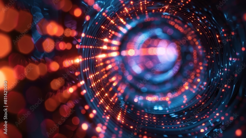 A conceptual image of a quantum computing circuit with light pulses traveling through superconducting cables A conceptual image of a quantum computing circuit with light pulses traveling through superconducting cables