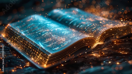A conceptual image of a blockchain ledger book, with digital pages made of light and data photo