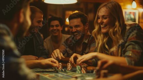A candid close-up of friends gathered around a table for a game of cards  with laughter and friendly competition adding to the excitement of the game. Dynamic and dramatic composit