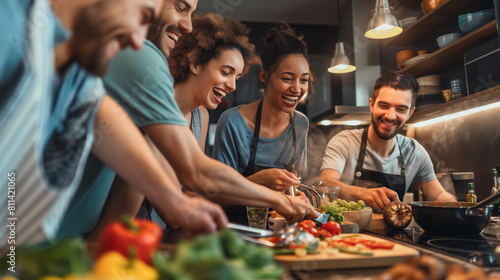 A heartwarming shot of friends sharing a laugh while cooking together in the kitchen, with the aroma of delicious food filling the air. Dynamic and dramatic composition, with copy photo