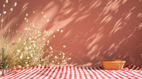 Wicker picnic basket with checkered cloth with copy space.