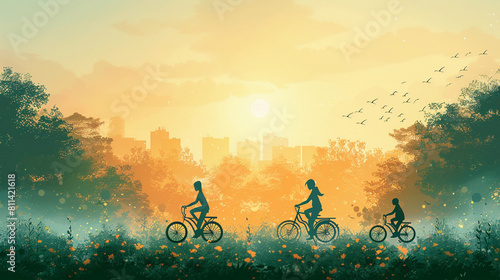 Silhouetted family biking at sunset in park. © Natali08