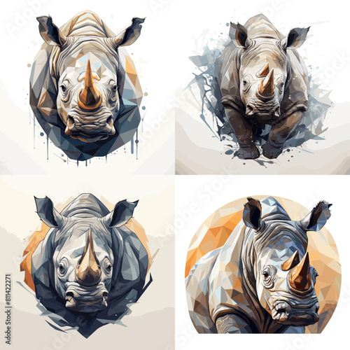 Set of artistic rhinoceros illustrations featuring geometric and watercolor styles, perfect for wildlife conservation themes, branding, logos, prints, and contemporary digital designs.
