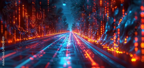 Abstract highway path through digital binary towers in city. 3D rendering Concept of big data, machine learning, artificial intelligence, hyper loop, virtual reality, high speed network © Koplexs-Stock