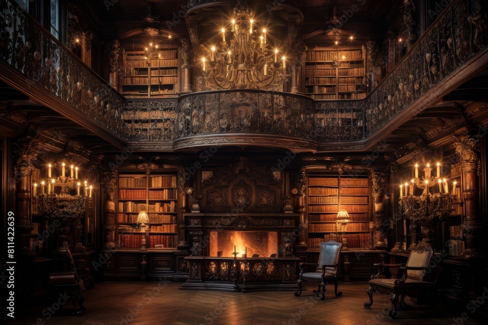 Obraz premium An Enchanting Vintage Library with Rows of Dusty Books and Antique Lamps Casting a Soft Light