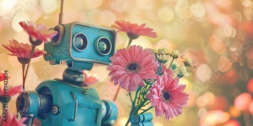 Robot smiling with flowers.