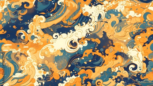 seamless pattern of japan landscape nature abstrack gouache painting for fabric design, art print, textiles, wallpaper, and more