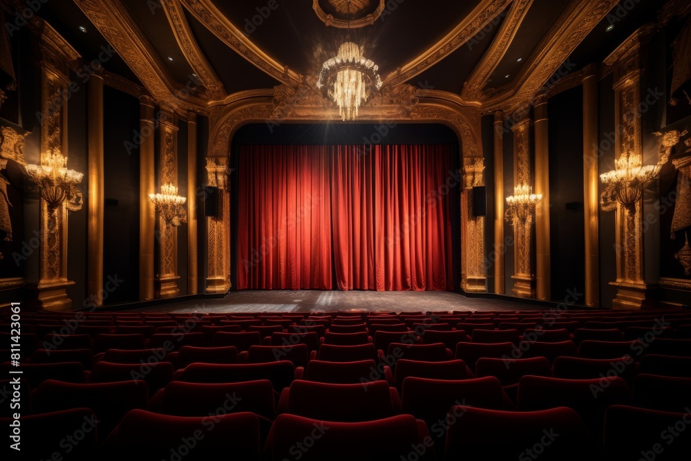 The Grandeur of Film: An Extravagant Cinema Hall with Gilded Details and Plush Seating