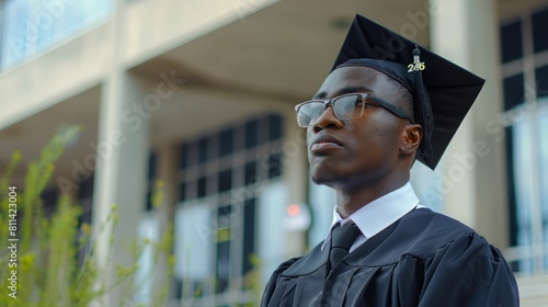 A man in a black graduation cap and gown stands in front of a building