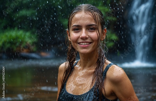 woman standing in the rain near a tropical waterfall 