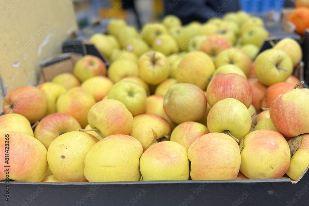 Box filled with fresh natural bio organic red yellow green apples placed on counter in local food market. Close-up