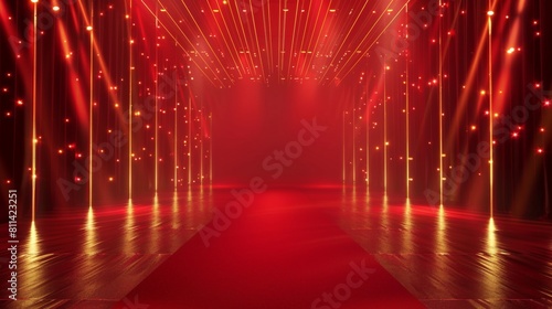 Red background, golden lines, stage light effects, gradient background for a TV inflatable live broadcast room or red carpet.