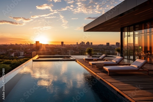 A Luxurious Loft with a Rooftop Swimming Pool Offering Panoramic Views of the City at Sunset