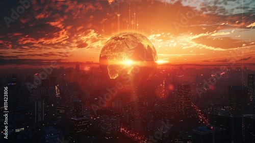 3D rendering of digital earth hologram glowing in the center with orange light over cityscape at sunset  cyber technology concept. wide angle lens natural lighting