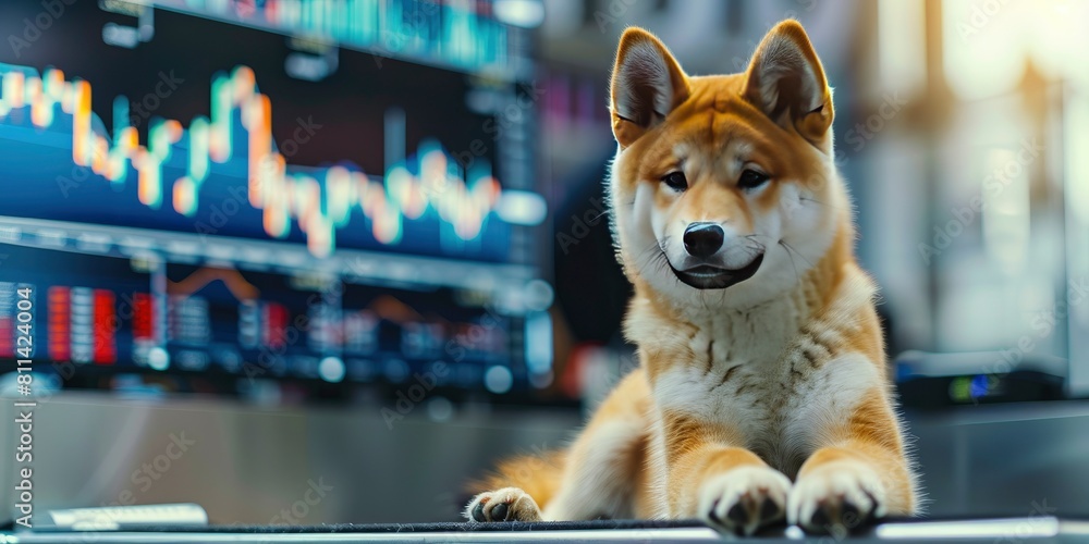 Doge themed Shiba Inu with cryptocurrency charts symbolizing finance
