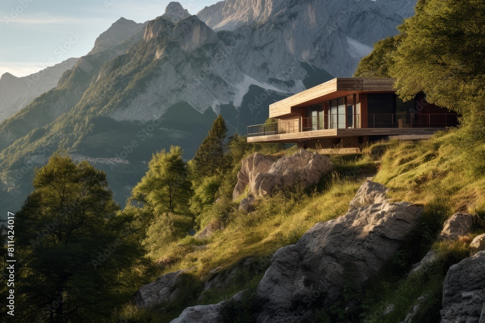 A Quaint Café on a Mountain Trail Surrounded by Dense Forest and Majestic Snowy Peaks A Quaint Café on a Mountain Trail Surrounded by Dense Forest and Majestic Snowy Peaks