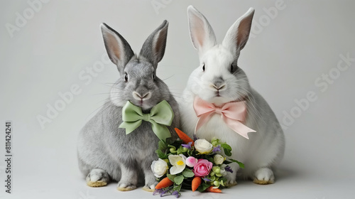 Casal de coelhos um cinza e o outro branco usando laços e segurando flores - wallpaper fofo photo
