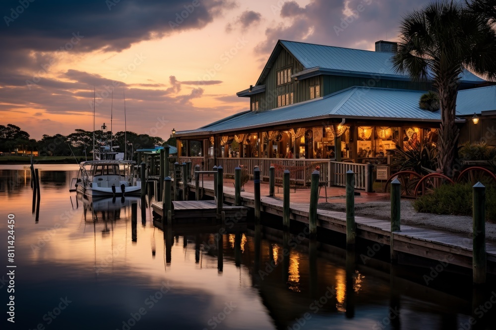 Fototapeta premium A charming fishing gear store by a lively marina bathed in the warm hues of dusk
