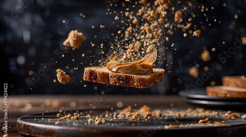 toast with peanut butter being spread in a dark background photo