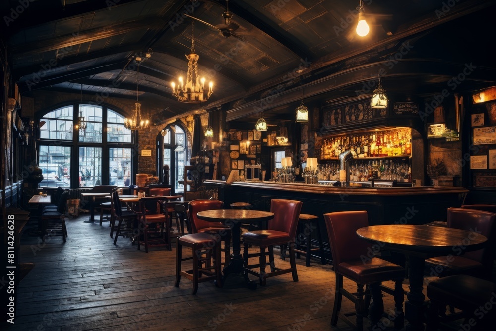 Inviting Atmosphere of a Traditional Local Pub with Rustic Wood and Brick Elements