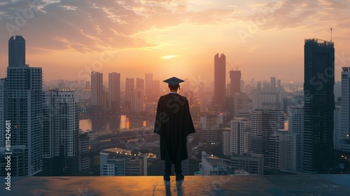 Copy space featuring a graduate against a city skyline
