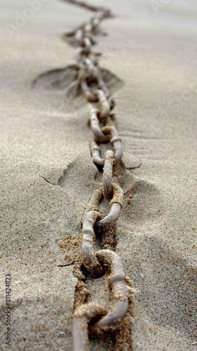 A broken chain rests on the sand of a deserted beach. Chain of worn links in a scene of abandonment and mystery.