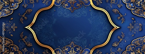 A blue and gold pattern with an empty center for text, inspired in the style of Thai traditional art style. The background is dark blue, featuring intricate floral designs in golden foil.