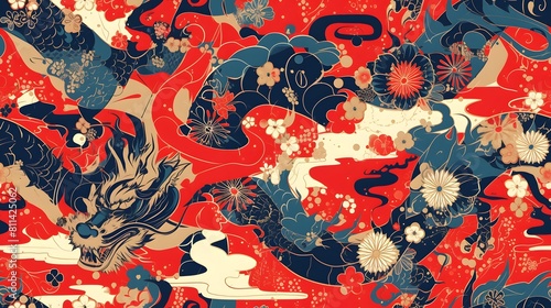 seamless pattern of mythical east asia dragon abstrack gouache painting for fabric design, art print, textiles, wallpaper, and more