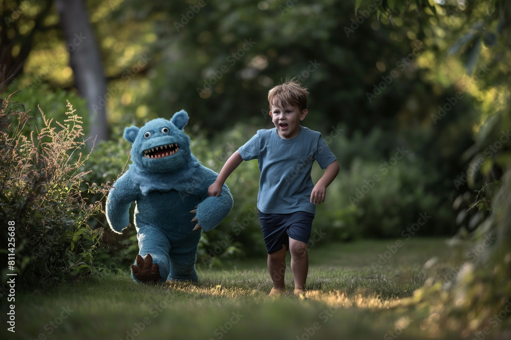 Fototapeta premium A child boy playing with his imaginary friend
