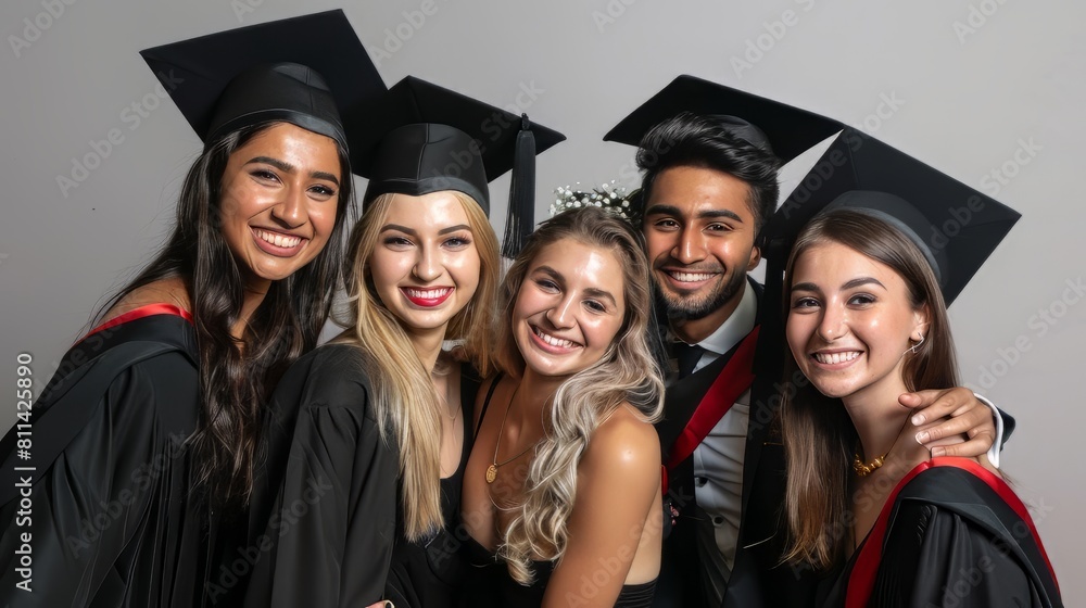 A group of five people are smiling and wearing graduation caps
