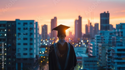 A graduate student stands in front of a city skyline with a cap on
