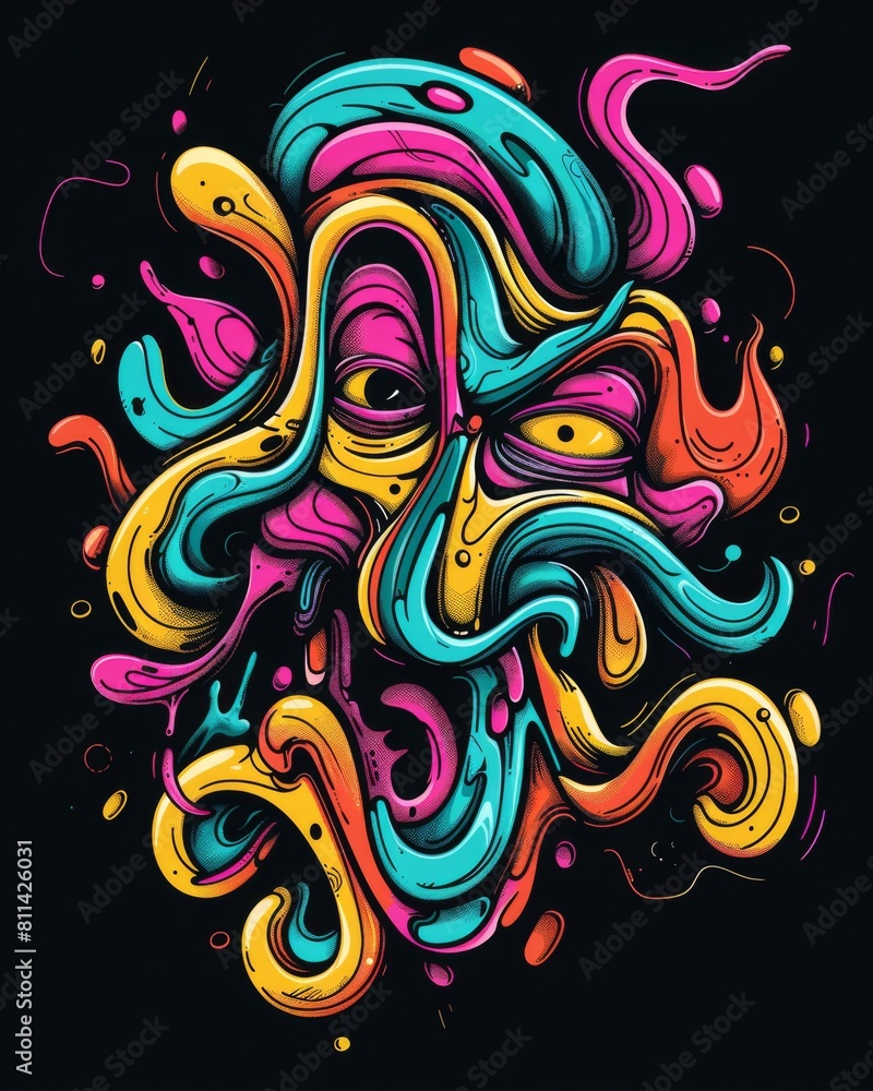 A face with vivid swirls and patterns on a black background A face with vivid swirls and patterns on a black background