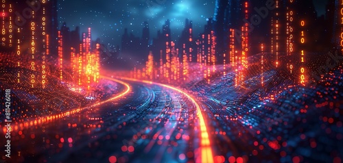 Abstract highway path through digital binary towers in city. 3D rendering Concept of big data  machine learning  artificial intelligence  hyper loop  virtual reality  high speed network