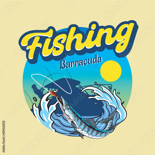 Vector Illustration of Barracuda Fish with Fishing Bait and Waves with Vintage Illustration Available for Fishing Badge