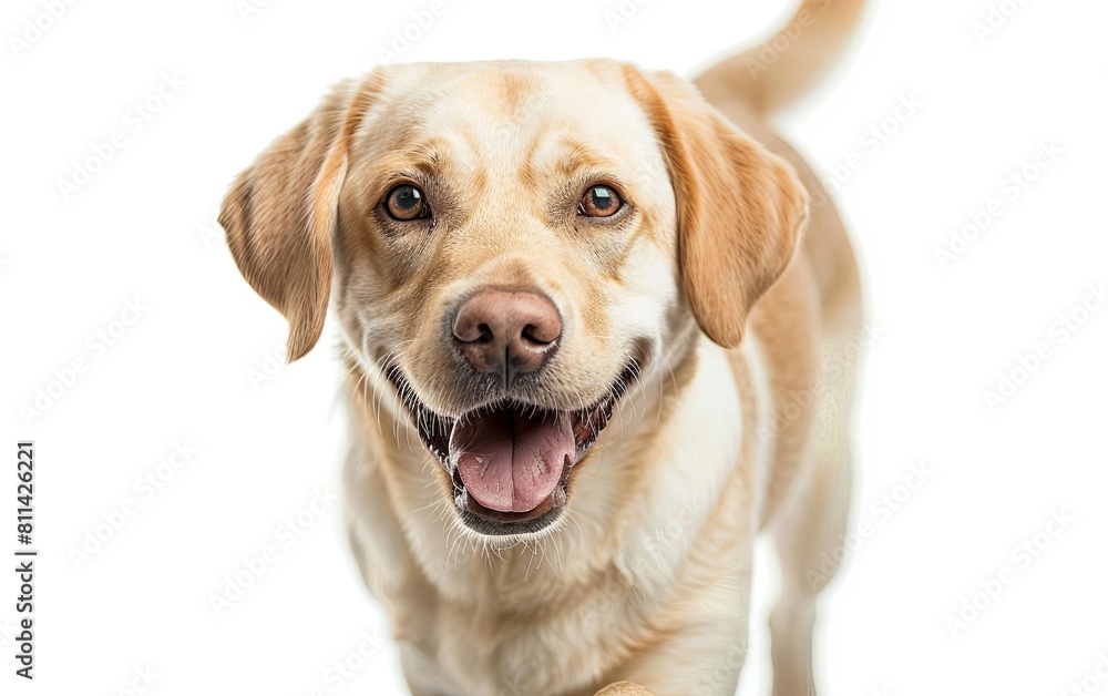 A closeup of a white and brown Labrador Retriever with a bright expression, tongue out, isolated on a white background A closeup of a white and brown Labrador Retriever with a bright expression, tongue out, isolated on a white background