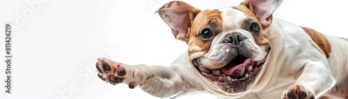 A closeup of a white and brown French Bulldog midbark, showing excitement and movement, isolated on a white background © CassiOpeiaZz
