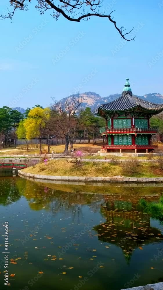 Hyangwonjeong Pavilion in Gyeongbokgung Palace, Seoul. Camera pan Hyangwonjeong Pavilion in Gyeongbokgung Palace, Seoul. Camera pan