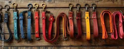 A collection of bright and stylish dog collars and leashes arranged neatly on a wooden table