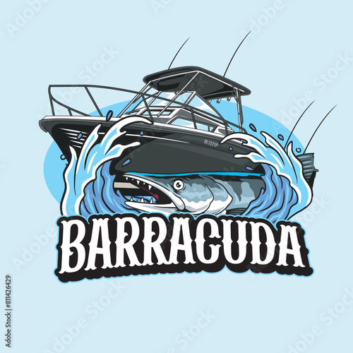Vector Illustration of Barracuda Fish with Boat and Waves with Vintage Illustration Available for Fishing Badge